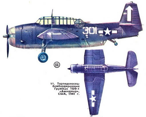 11. Торпедоносец-бомбардировщик Грумман ТБФ-1 “Авенджер”, США, 1941 г.
