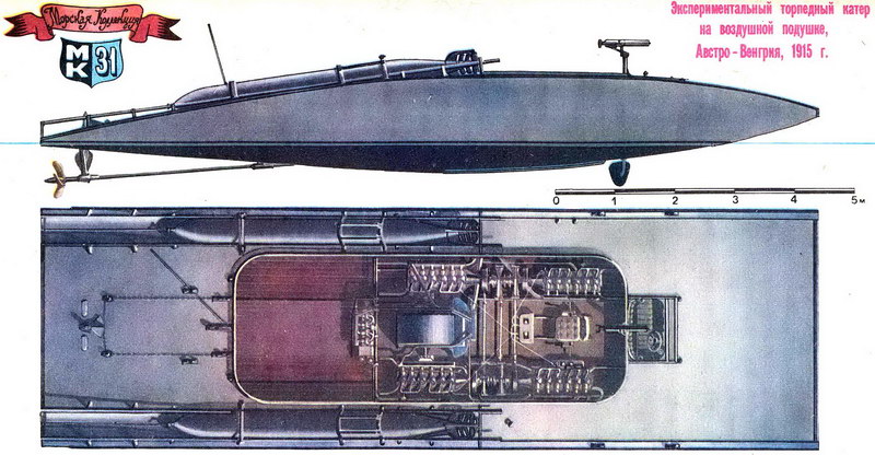 Экспериментальный торпедный катер на  воздушной подушке, Австро-Венгрия, 1915 г.